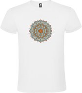Wit T-shirt met Grote Mandala in Blauw en Oranje kleuren size S