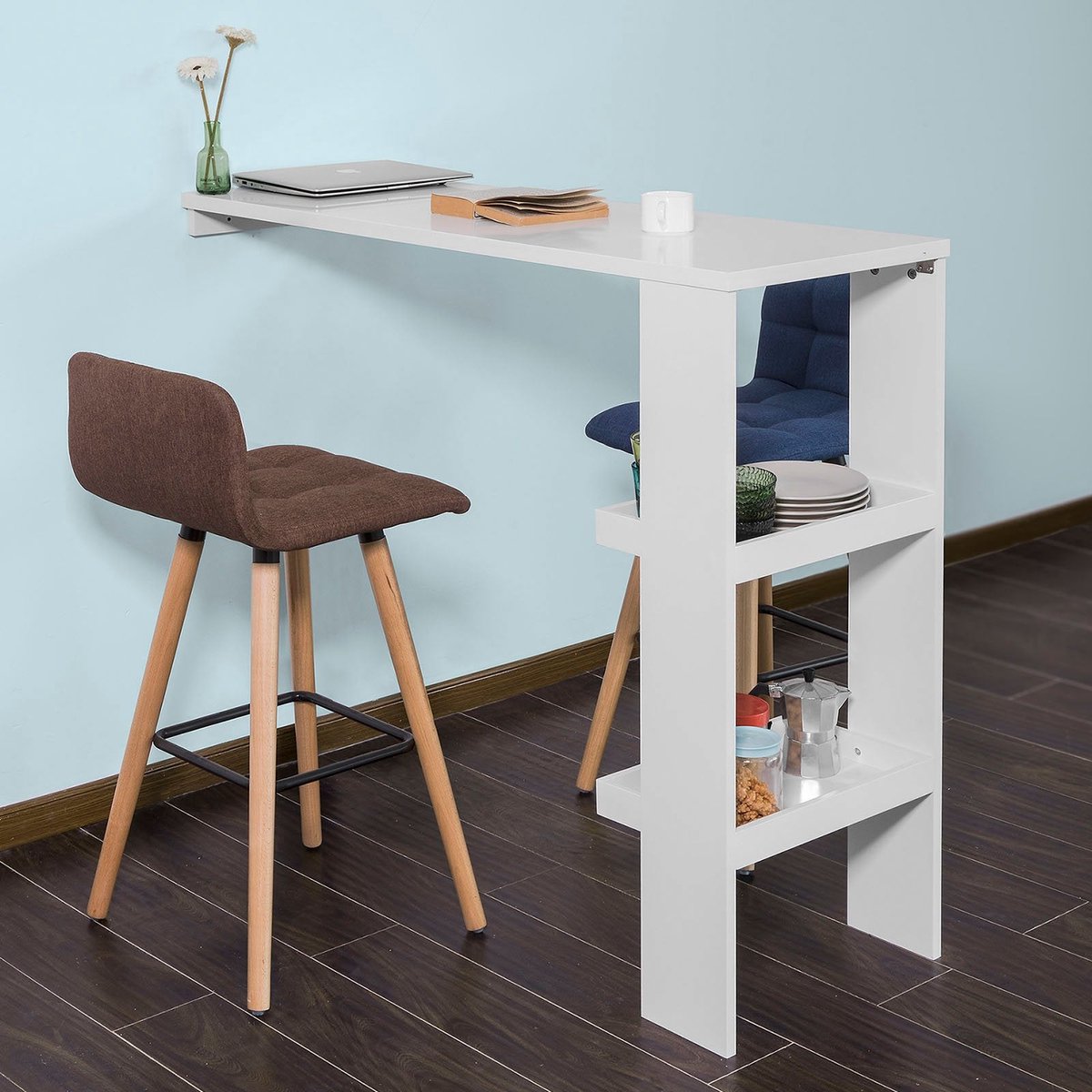 Bartafel Hout VASAGLE Hoge Bartafel Met Wijnglasrek - Industriëel, Bruin/Zwart, 110x40x90 Cm Bartafel Keuken