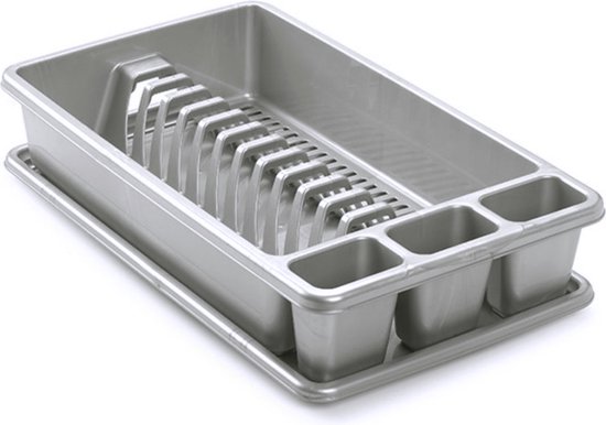 Egouttoir gris argent avec fentes pour assiettes et compartiments à couverts, avec plateau d'égouttage.