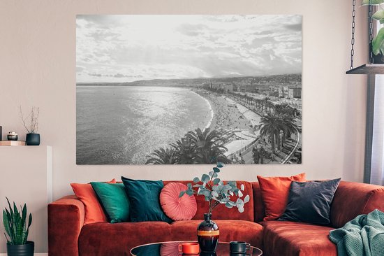 Tableau sur toile Journée d'été ensoleillée dans la ville française de Nice - noir et blanc - 180x120 cm - Décoration murale XXL