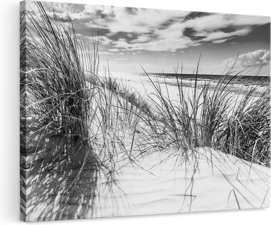 Artaza Canvas Schilderij Strand en Zee vanuit de Duinen - Zwart Wit - 120x80 - Groot - Foto Op Canvas - Wanddecoratie Woonkamer