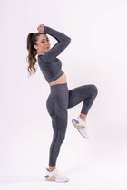 Mives® Sportlegging en Top - yoga-outfit - Fitness set - Scrunch Butt - Dames Legging - Sportkleding - Fashion legging - Broeken - Gym Sports - Legging Fitness Wear - High Waist - GRIJS - maat S - LANGE MOUW