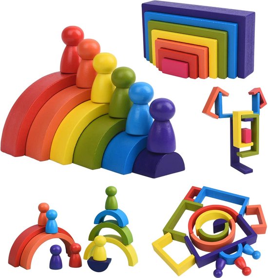 Allerion 3-in-1-Blokkenset – 19-delig - Educatief Speelgoed - STEM - 100% Duurzaam Hout -Montessori - Voor Jongens en Meisjes