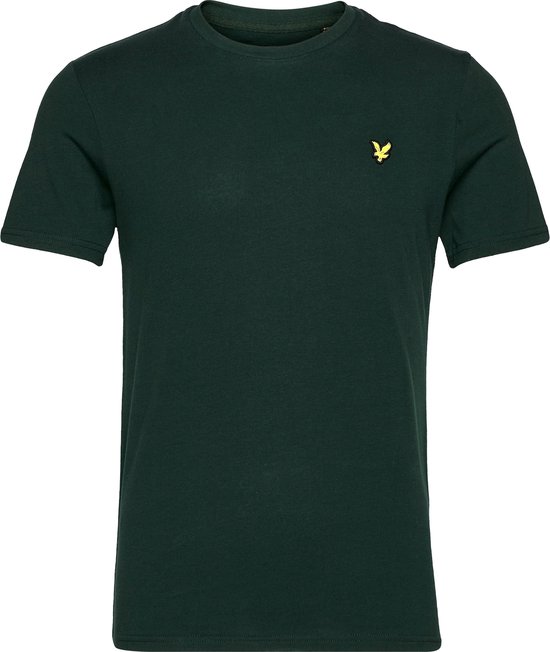 T-shirt vert foncé à manches courtes avec badge d'oiseau jaune sur la poitrine gauche.