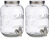 2x stuks glazen drankdispenser/limonadetap met zilver kleur dop/tap 3.8 liter - Tapkraantje - 16 x 25 cm