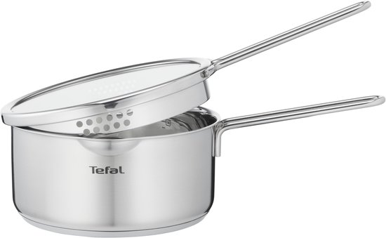 RVS steelpan van Tefal met een geperforeerd glazen deksel.