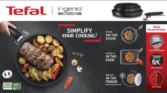Koken, bakken en bewaren met Tefal Ingenio Unlimited, inclusief stapelbare pannen en een afneembare handgreep.