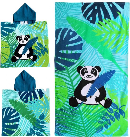 Set van bad cape/poncho met strand/badlaken microvezel - Strandhanddoeken voor kinderen met panda