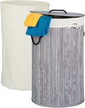 Relaxdays 1x wasmand bamboe - rond - voor wasgoed - opbergmand - deksel - 70L - grijs