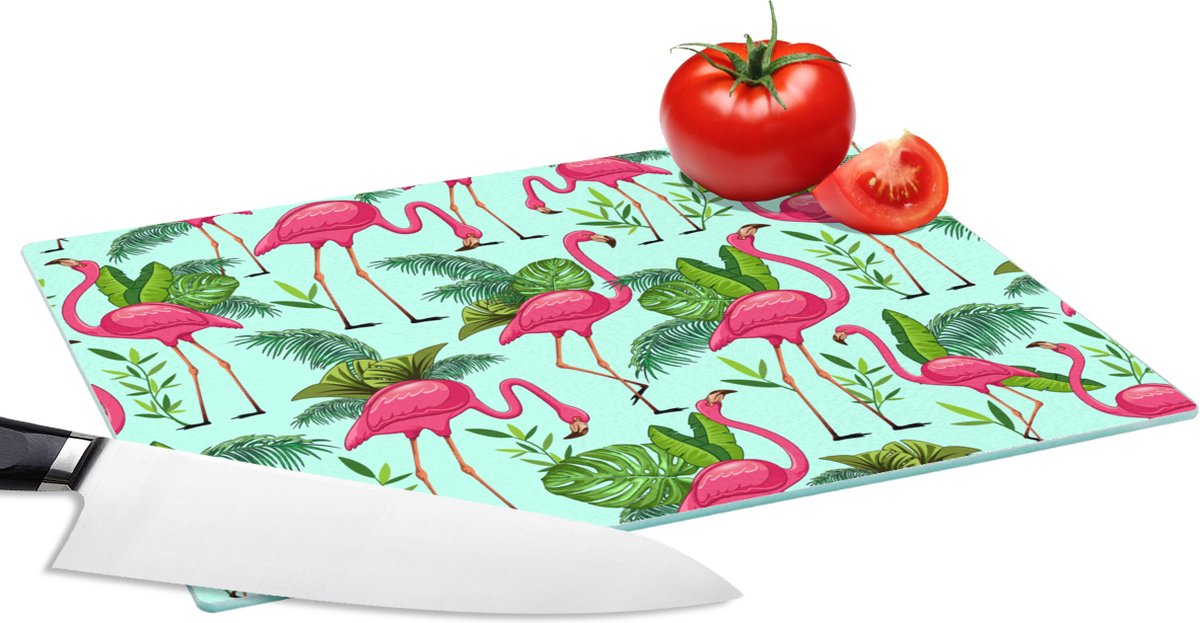Glazen Snijplank - 28x20 - Flamingo - Jungle - Tropisch - Dieren - Patroon - Snijplanken Glas