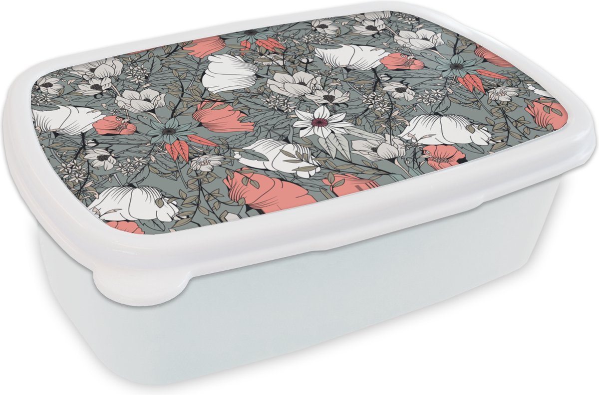 Broodtrommel Wit - Lunchbox - Brooddoos - Klaproos - Schets - Vintage - 18x12x6 cm - Volwassenen
