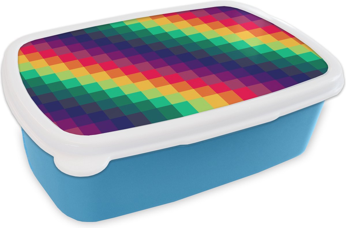 Broodtrommel Blauw - Lunchbox - Brooddoos - Regenboog - Patronen - Pixel - 18x12x6 cm - Kinderen - Jongen