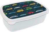 Broodtrommel Wit - Lunchbox - Brooddoos - Patronen - Auto - Ruimte - Kind - Jongens - Kinderen - Kids - 18x12x6 cm - Volwassenen