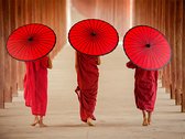 3 Monniken met parasols - Foto op plexiglas formaat 120x80 cm incl. gratis ophangsysteem - Wanddecoratie