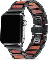 Stalen, Hout Smartwatch bandje - Geschikt voor Apple Watch stalen/houten bandje - zwart/bruin - Strap-it Horlogeband / Polsband / Armband - Maat: 42 - 44 - 45 - 49mm