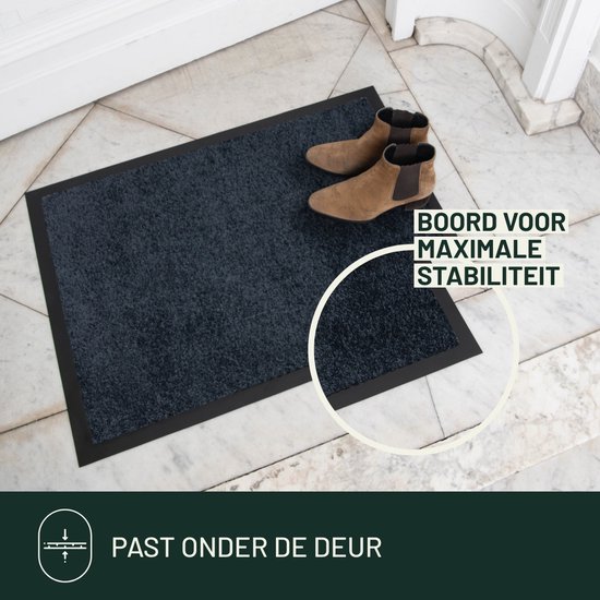 Donkere deurmat met nette afwerking en schoenen erop, met de tekst 'Boord voor maximale stabiliteit'.