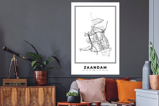 Stickers muraux - Plan de la ville - Zwart Wit - Carte - Zaandam - Nederland - Carte - 80x120 cm - Feuille adhésive
