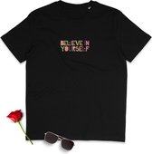 Dames T Shirt - Geloof in jezelf - Zwart - Maat XL
