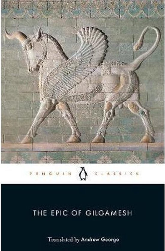 De kaft toont een reliëf van een gevleugeld, stierachtig wezen met een mensenhoofd en een hoornen helm. De titel is 'The Epic of Gilgamesh'.