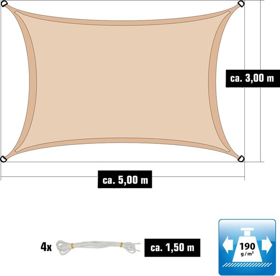 Afmetingen beige rechthoekig schaduwdoek: 5x3 meter, met vier koorden van 1.50 meter.