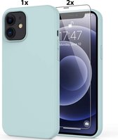 Hoesje Geschikt voor iPhone 12/12 Pro Soft Nano siliconen Gel Mint Groen Hoesje Met 2X Glazen screenprotector