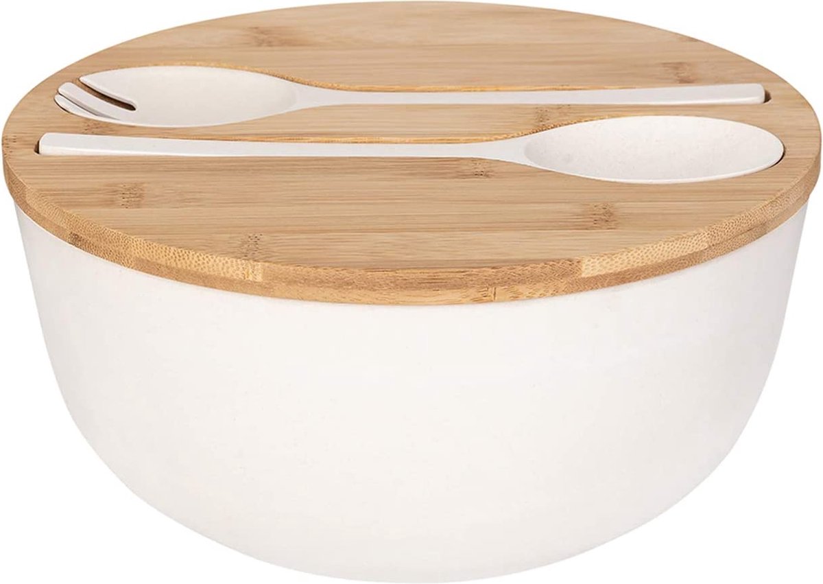 Smart Kitchen grote slakom set met bamboe deksel – Saladeschaal 25cm – Serveerschaal – Fruitschaal – Mengkom – Wit