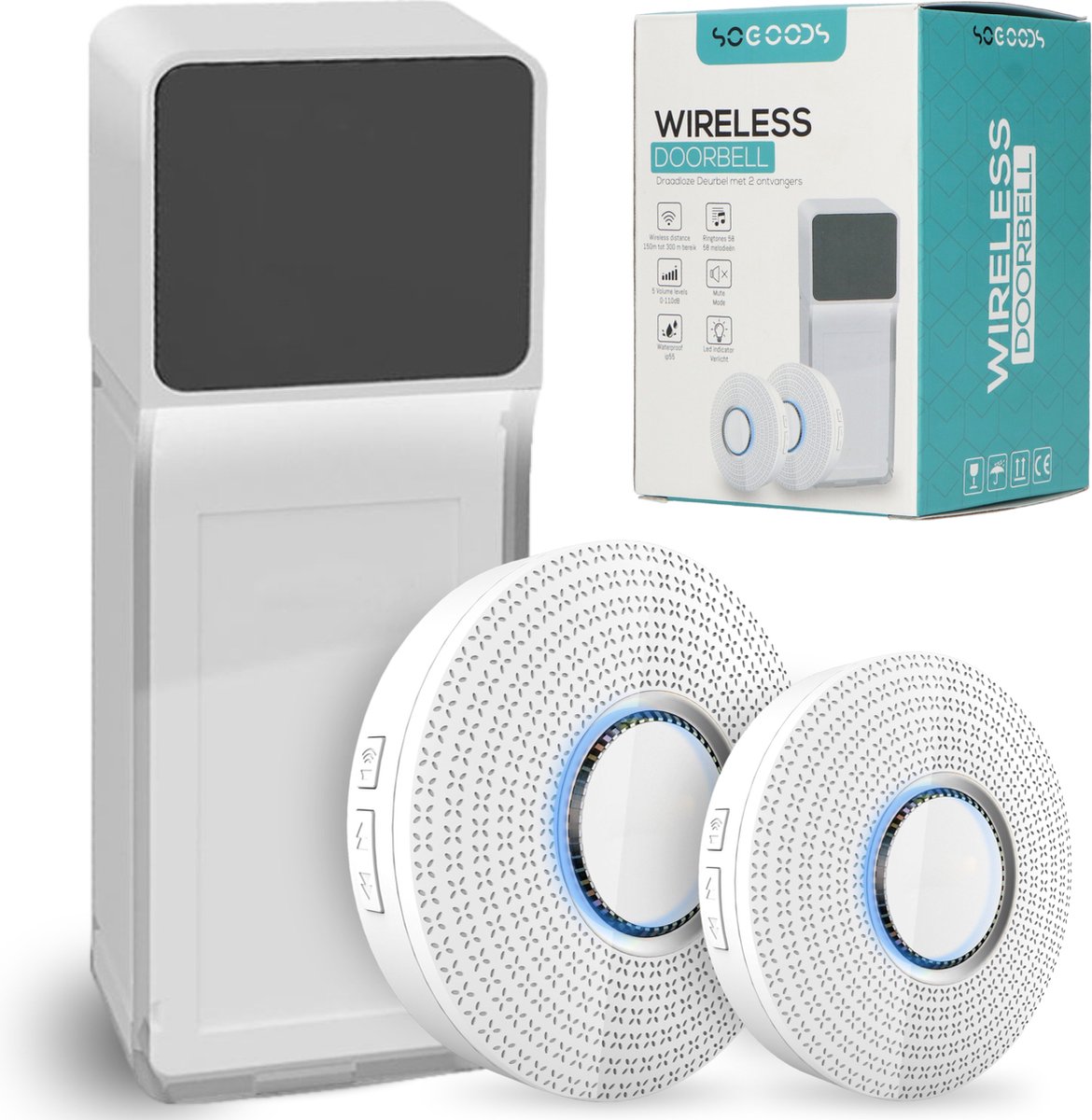 Draadloze Deurbel met 2 Ontvangers - Wireless Doorbell - Draadloos - Waterdicht - Op Batterijen - Deur Bel
