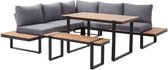 TREND HOME / loungeset voor 6 personen in zwart metaal met rug in zwart textileen met loungekussens en loungetafel