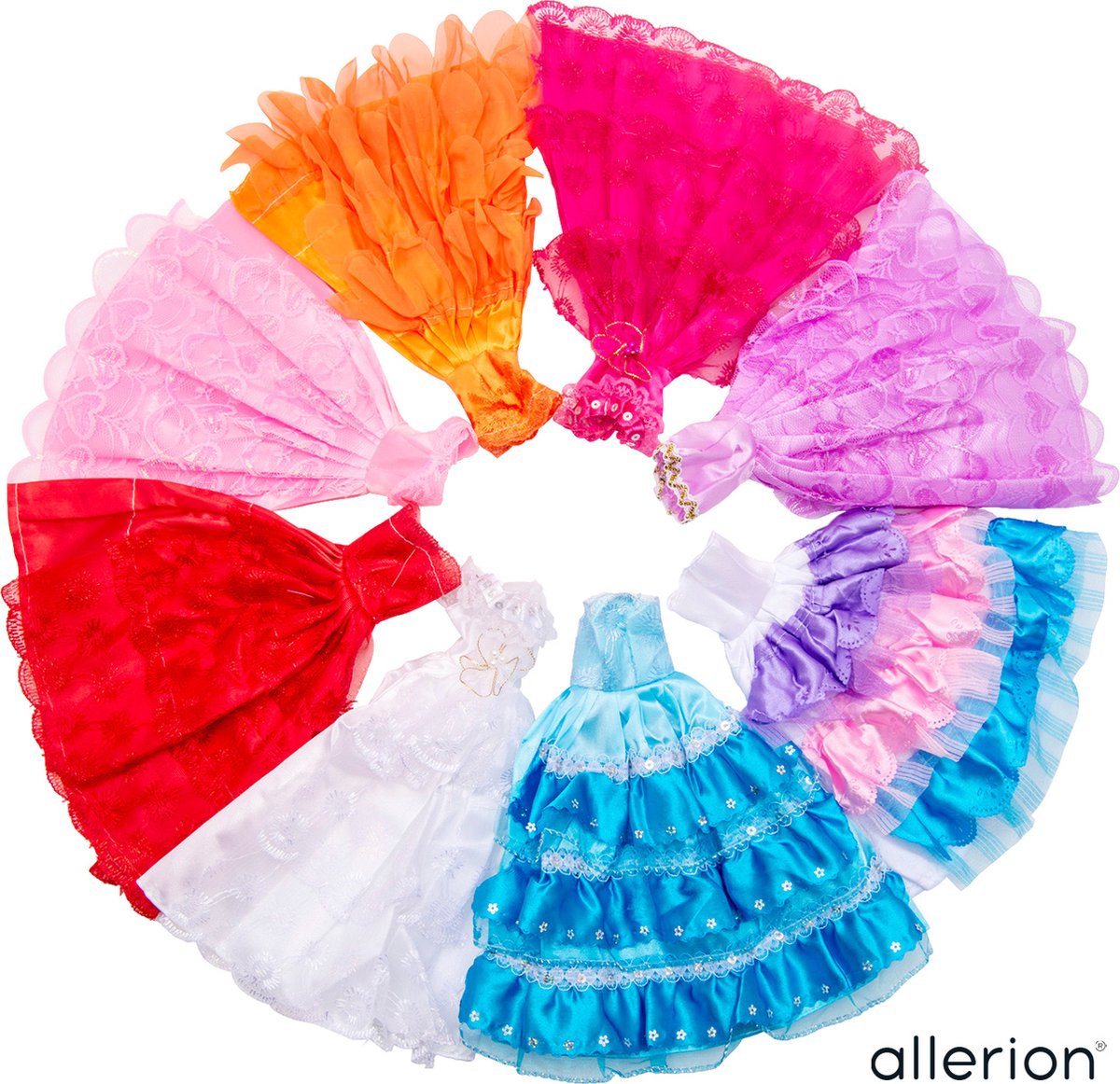 Allerion Jurkjes Set – Geschikt voor Poppen - 8 stuks – Poppenkleding - Verschillende kleuren; Roze, Rood, Paars, Blauw – In Opbergzakje – Past door Brievenbus — afbeelding 4