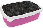 Broodtrommel Roze - Lunchbox - Brooddoos - Rozen - Zwart Wit - Patroon - 18x12x6 cm - Kinderen - Meisje