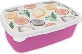 Broodtrommel Roze - Lunchbox - Brooddoos - Fruit - Vintage - Keuken - Patronen - 18x12x6 cm - Kinderen - Meisje
