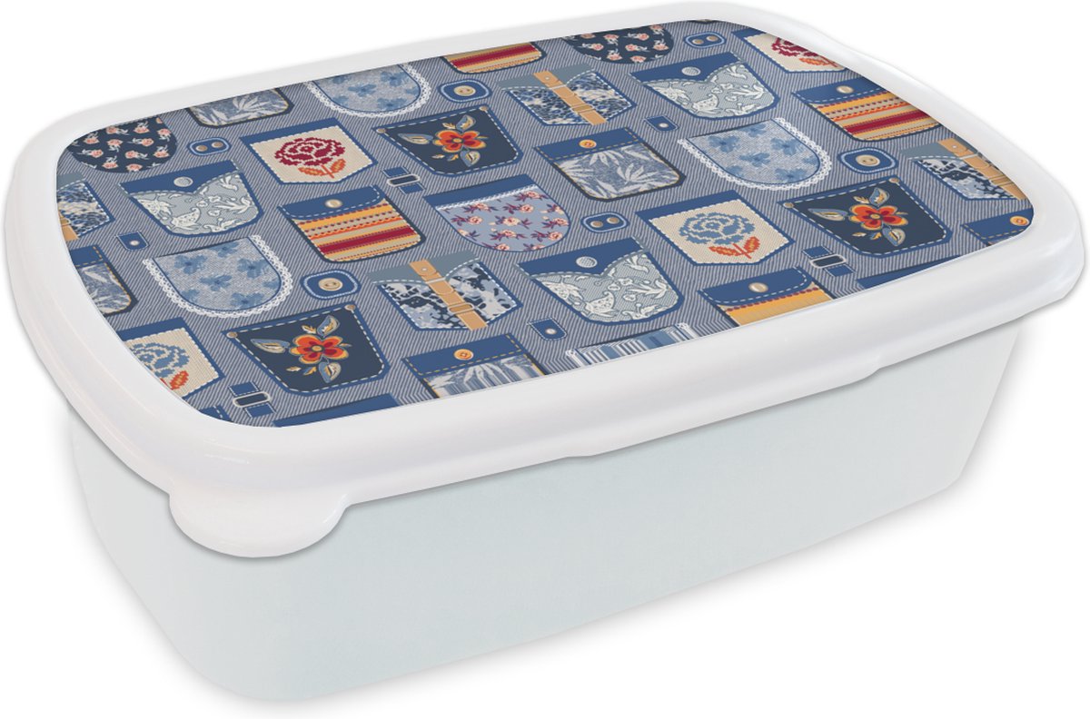 Broodtrommel Wit - Lunchbox - Brooddoos - Broek - Denim - Patch - Patronen - 18x12x6 cm - Volwassenen