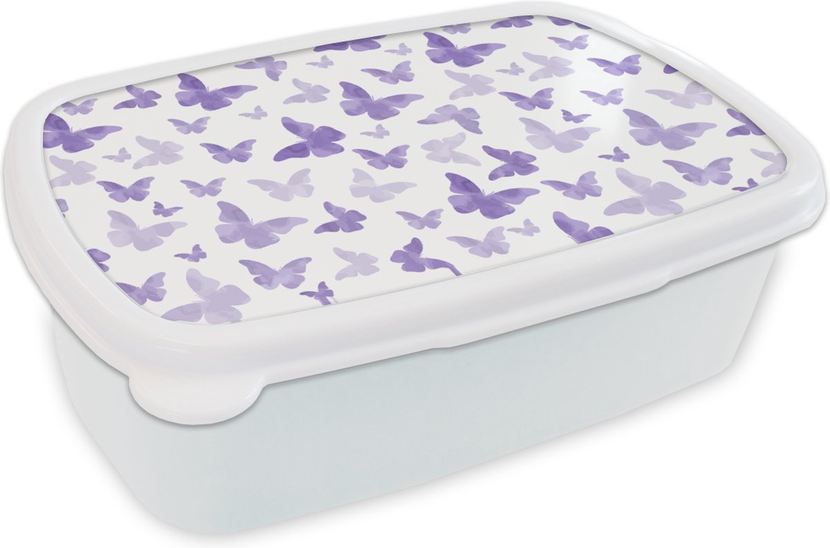 Broodtrommel Wit - Lunchbox - Brooddoos - Vlinder - Paars - Patronen - 18x12x6 cm - Volwassenen