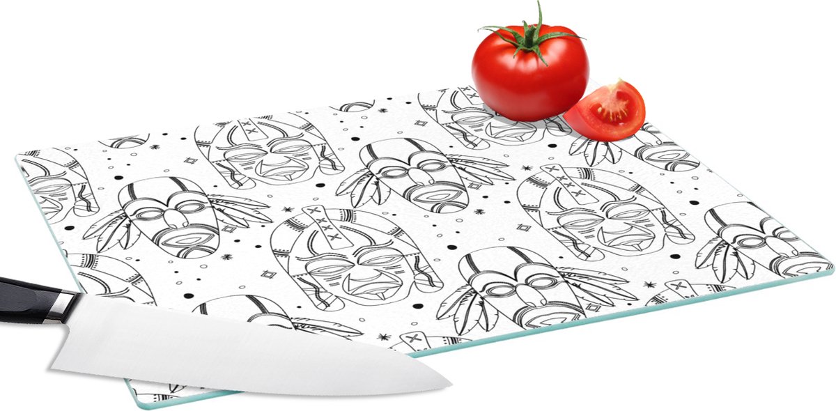 Glazen Snijplank - 39x28 - Inca - Maskers - Patroon - Zwart-wit - Snijplanken Glas