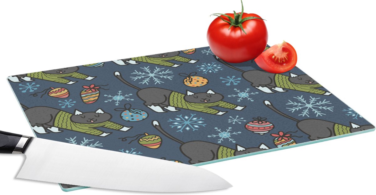 Glazen Snijplank - 28x20 - Katten - Sneeuw - Kerstbal - Patronen - Snijplanken Glas