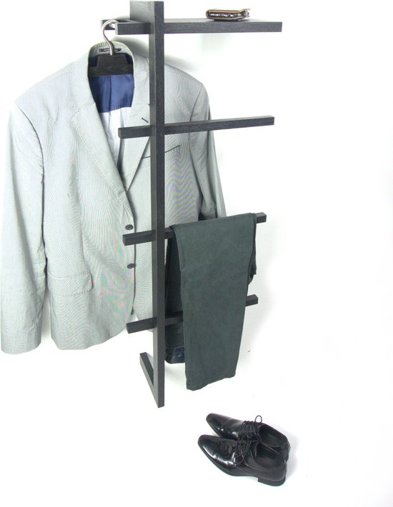 Jivo Dressboy voor heren, set van 2, klerenrek, metalen frame, zwart en plank in wild eiken, 121 cm, garderobe met broekhanger