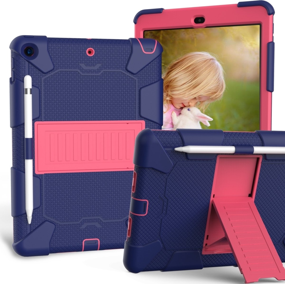Mobigear Tablethoes geschikt voor Apple iPad 9 (2021) Hardcase Backcover | Mobigear ShieldStand + Stylus Houder | Schokbestendig iPad 9 (2021) Telefoonhoesje | Anti Shock Proof + Standaard - Blauw / Roze