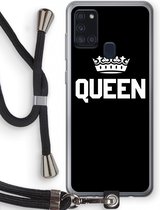 Case Company® - Samsung Galaxy A21s hoesje met Koord - Queen zwart - Telefoonhoesje met Zwart Koord - Bescherming aan alle Kanten en Over de Schermrand