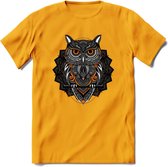 Uil - Dieren Mandala T-Shirt | Oranje | Grappig Verjaardag Zentangle Dierenkop Cadeau Shirt | Dames - Heren - Unisex | Wildlife Tshirt Kleding Kado | - Geel - L