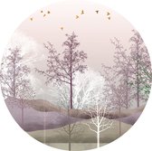 Sanders & Sanders zelfklevende behangcirkel berglandschap met bomen paars, roze en wit - 601120 - Ø 70 cm