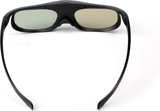 Zwarte XGIMI 3D-bril met lichtgroen en lichtgeel glas, van bovenaf gezien.