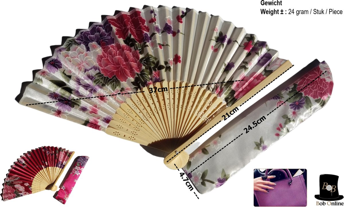 Bob Online – 2 Stuks – 1 x Wit Bloemen Bamboehandwaaier + 1 x Robijn Bloemen Bamboe Opvouwbare Handwaaier – Chinese Handwaaiers – White Bamboo Hand Fan x 1 + Ruby Chinese Bamboo Foldable Hand Fan – Houten Handwaaiers – Feest Decoratieve Handwaaiers — afbeelding 3