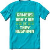 Gamers don't die pixel T-shirt | Neon Groen | Gaming kleding | Grappig game verjaardag cadeau shirt Heren – Dames – Unisex | - Blauw - XL