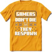 Gamers don't die pixel T-shirt | Donker Blauw | Gaming kleding | Grappig game verjaardag cadeau shirt Heren – Dames – Unisex | - Geel - M