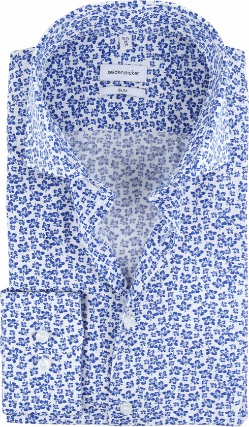 Seidensticker - Overhemd Bloemen Blauw - 40 - Heren - Slim-fit