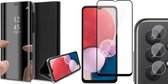 Samsung Galaxy A13 4G Hoesje - Book Case Spiegel Wallet Cover Hoes Zwart - Full Tempered Glass Screenprotector - Camera Lens Protector