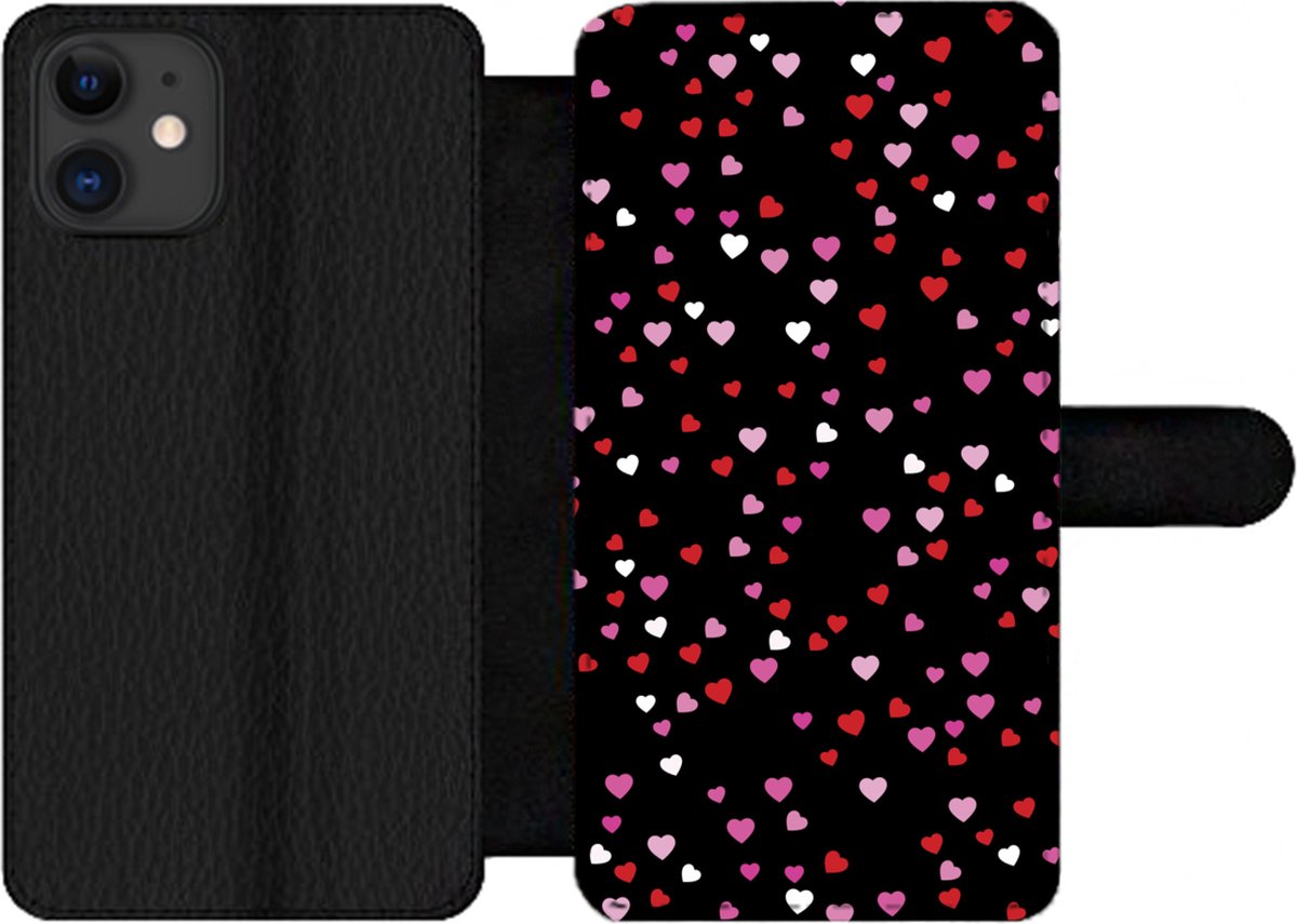 Telefoonhoesje Geschikt voor iPhone 11 telefoonhoesje - Een illustratie met hartjes op een zwarte achtergrond - Met vakjes - Wallet case met magneetsluiting
