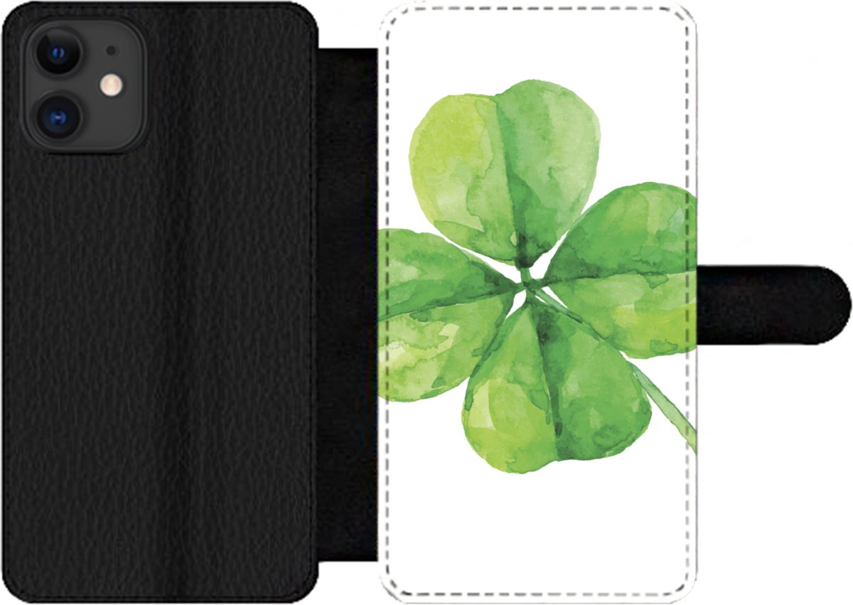 Telefoonhoesje Geschikt voor iPhone 11 telefoonhoesje - Klavertje Vier - Waterverf - Plant - Met vakjes - Wallet case met magneetsluiting