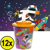 Decopatent® 12 STUKS RUIMTE / SPACE 3D Drink Beker met Rietje en Deksel - 250ML - Ruimtevaart Plastic Bekers - Kinderfeestje - Kinderverjaardag Bekertjes - Traktatie - Uitdeelcadeaus