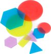 Afbeelding van het spelletje ML Transparant: GEOMETRIEVORMEN 8cm, doorzichtig, geschikt voor lightpad, 40 vormen en 12 transparante speelkaarten, 3+